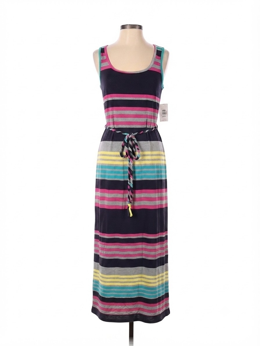Derek Heart Navy Striped Sleeveless Maxi Dress with Pink, Teal & Yellow